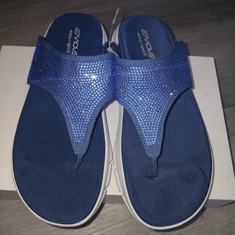 EASY SPIRIT BLUE EMBELLISHED COMFORT WEDGE PLATFORM SANDALS SIZE 7 M